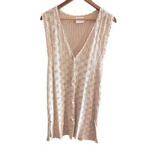 Vintage Pierre Cardin Crochet Knit Vest Cardigan Cotton Button Sz L Beige